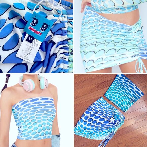 OMighty Blue Gradient 2pc Outfit Set Tube Top & Warp Ruched Mini Skirt XS EUC - Picture 1 of 16